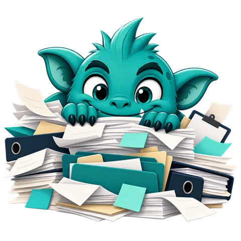Sorted Admin Gremlin peeking out from a pile of paperwork and folders