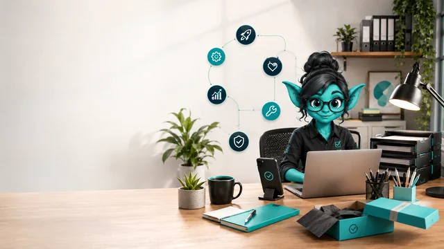 The friendly turquoise Sorted Office Gremlin working at a tidy desk