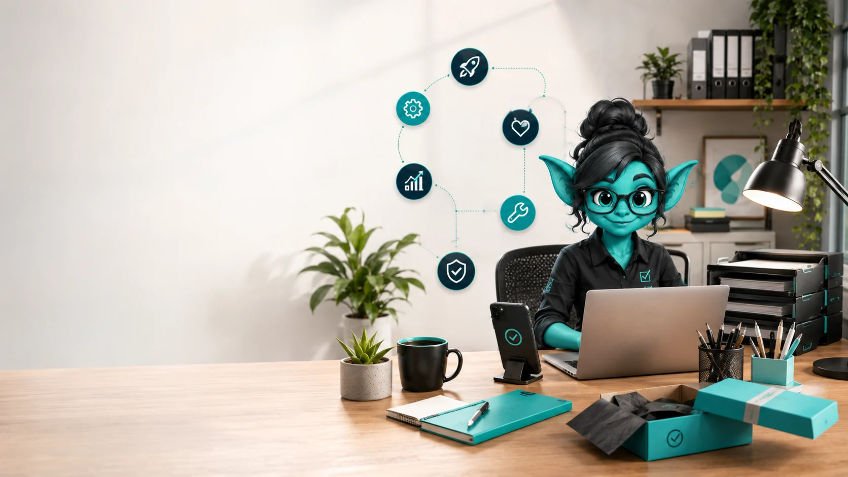 Friendly turquoise Sorted office gremlin working at a desk
