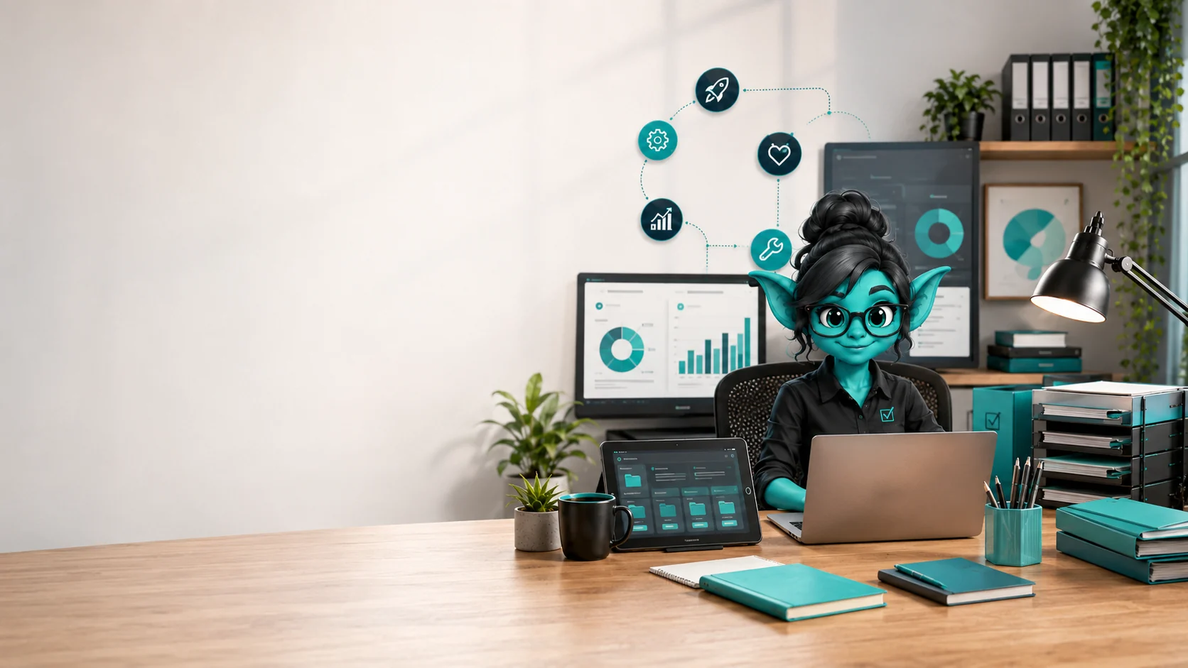 The friendly turquoise Sorted office gremlin at a desk